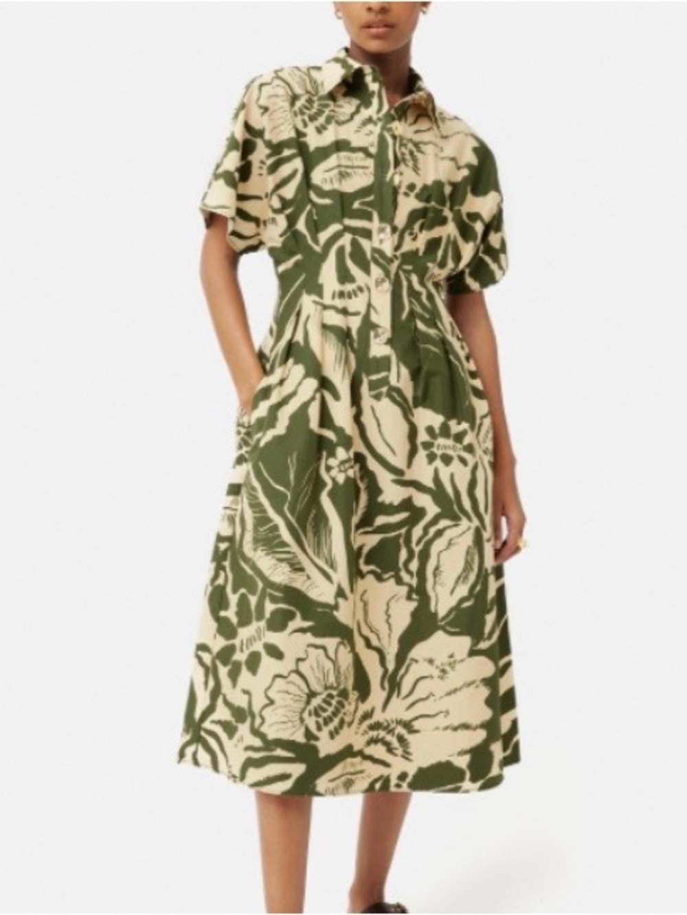 Jigsaw cotton linen silk fit and flare green floral midi dress size 12